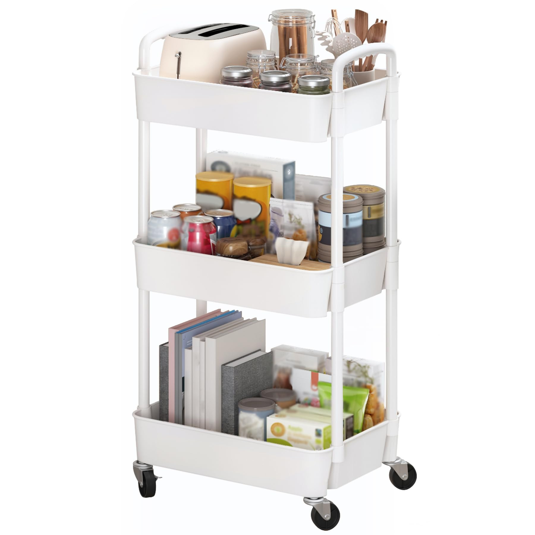 Sywhitta 3-Tier Plastic Rolling Utility Cart with Handle, Multi-Functional Storage Trolley for Of... | Amazon (US)
