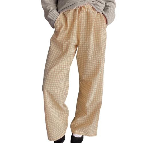 Women Plaid Striped Pants Elastic Waist Wide Leg Gingham Plaid Print Pajama Pants Casual Lounge Trousers Yellow | Amazon (US)