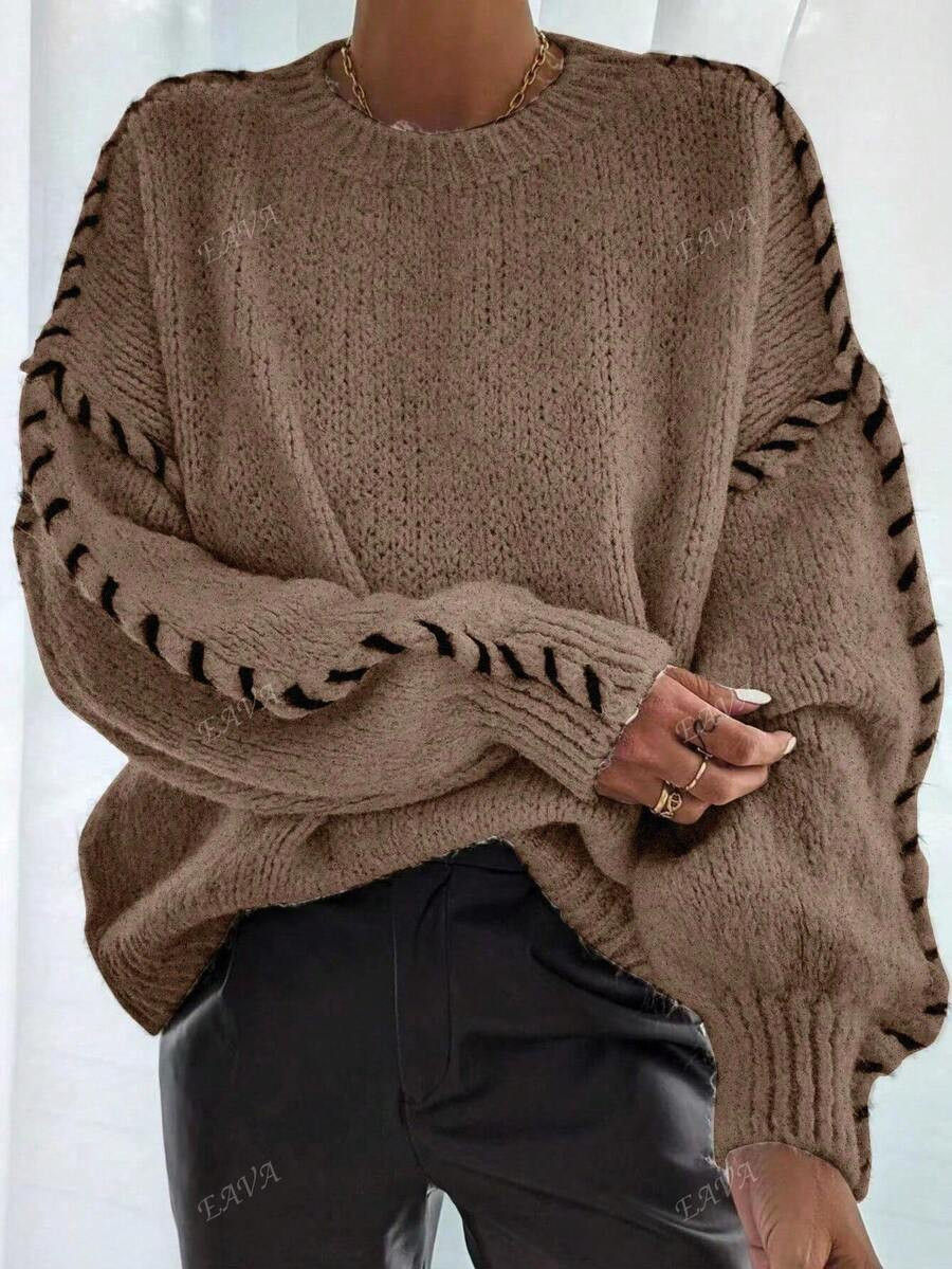 Autumn/Winter Solid Color Soft Slouchy Relaxed Fit Drop Shoulder Hand-Sewn Hem Crew Neck Sweater | SHEIN