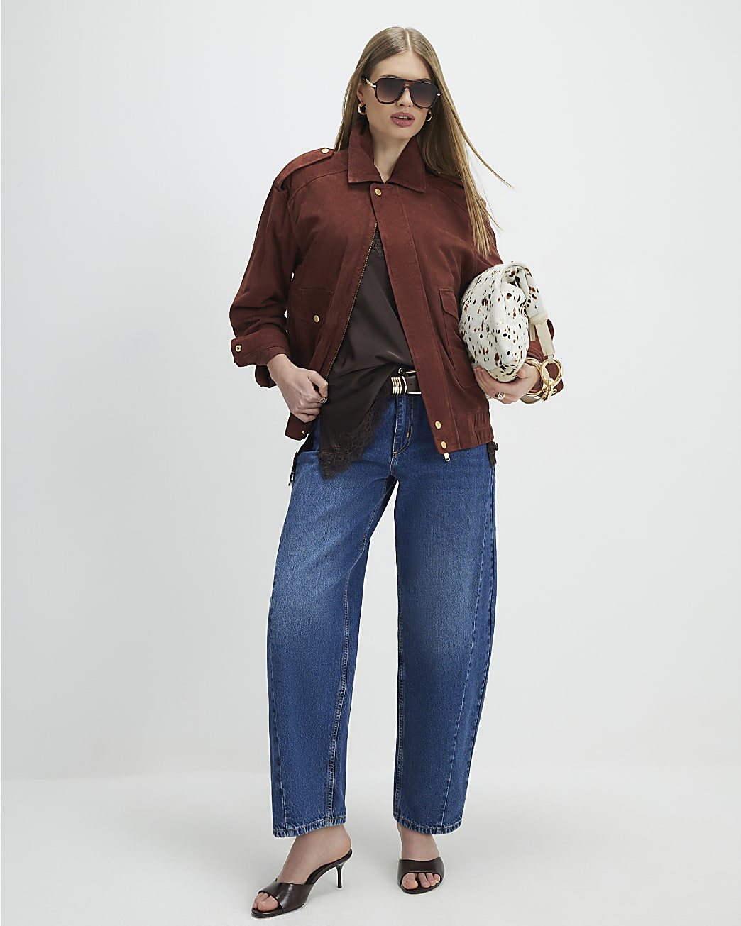 Brown Suede Oversized Bomber Jacket | River Island UK & IE