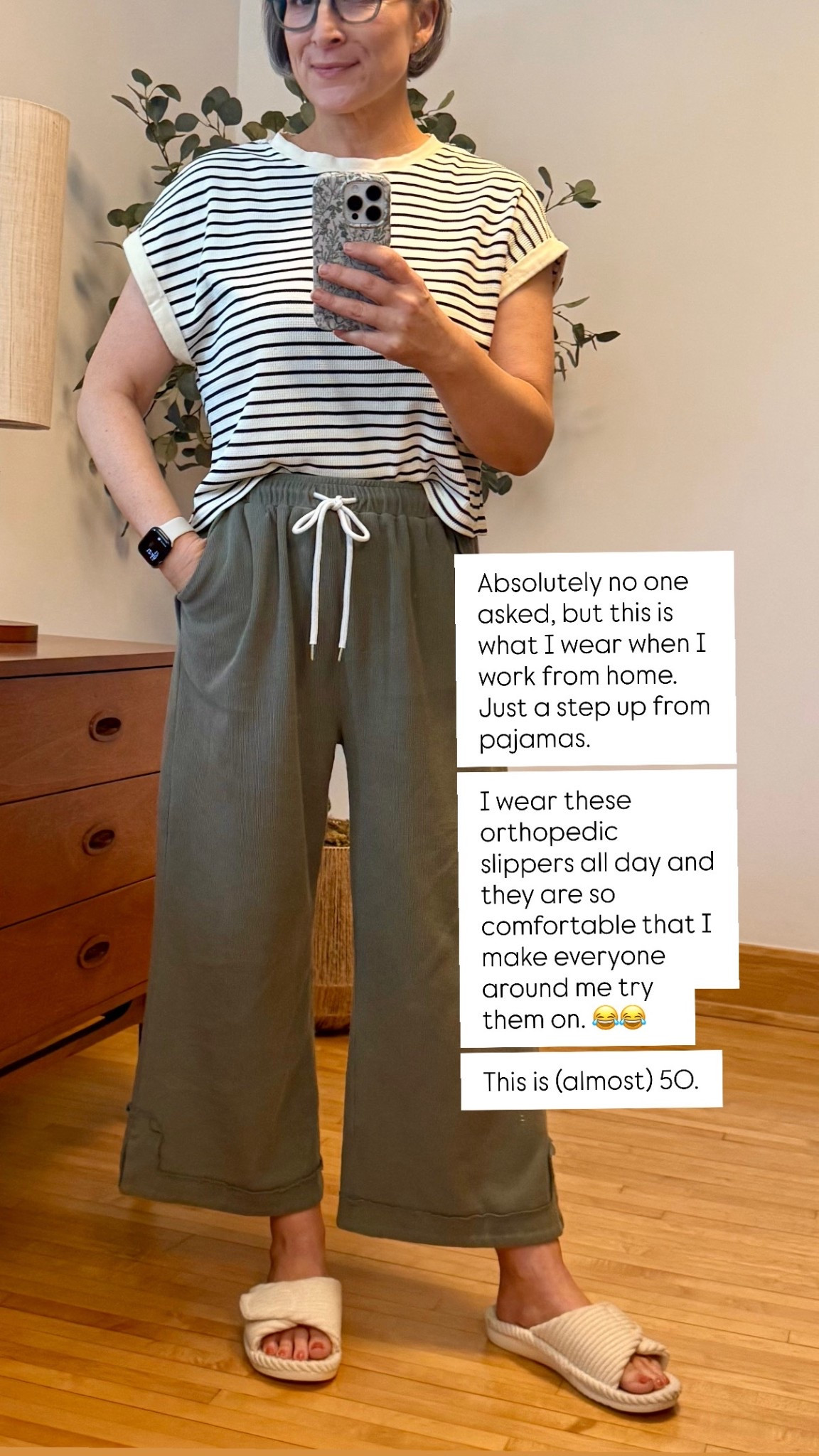 I’m obsessed with comfort and this WFH outfit is an example of that, with orthopedic slippers and pajama like pants. #OOTD (ad)

#LTKOver40 #LTKootd #LTKdayinmylife