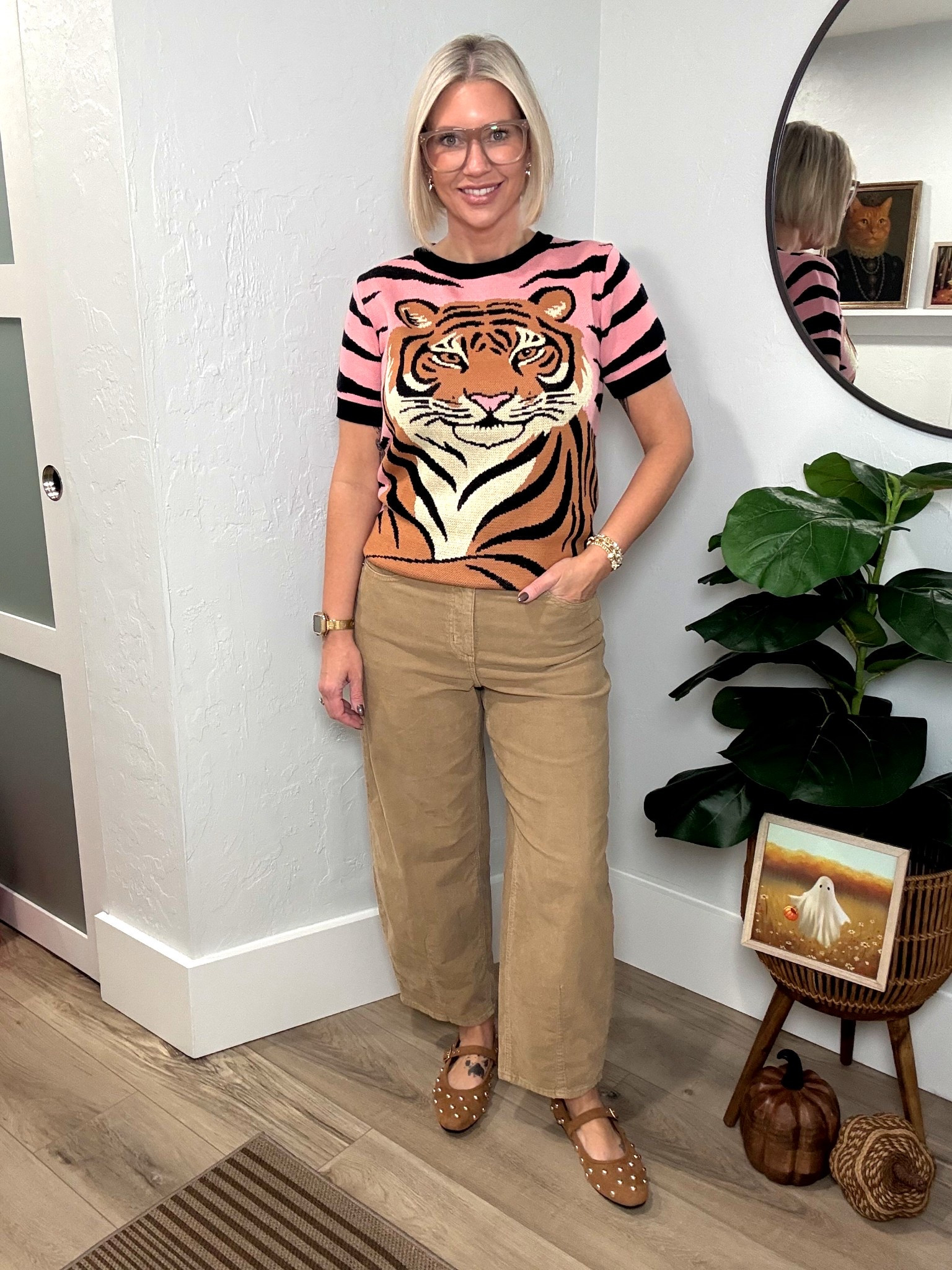 I hate to overuse this term. But I’m obsessed with this outfit! It’s giving retro vibes all day! 

This knit short sleeve sweater is from Oxknit found on Amazon. They have several different styles, tons of retro prints, and they even have two piece skirt & top sets. I’m wearing a medium and it fits tts. Although the tops are slightly larger as a whole. 

The corduroy barrel pants are from Target! They come in burgundy and cream as well. I’m wearing an 8 and they fit tts. I think they make such a fun fall pant!

My flats are from Target but they are sold out. I’ve definitely seen them in store though. 

#LTKOver40 #LTKStyleTip #LTKFindsUnder100