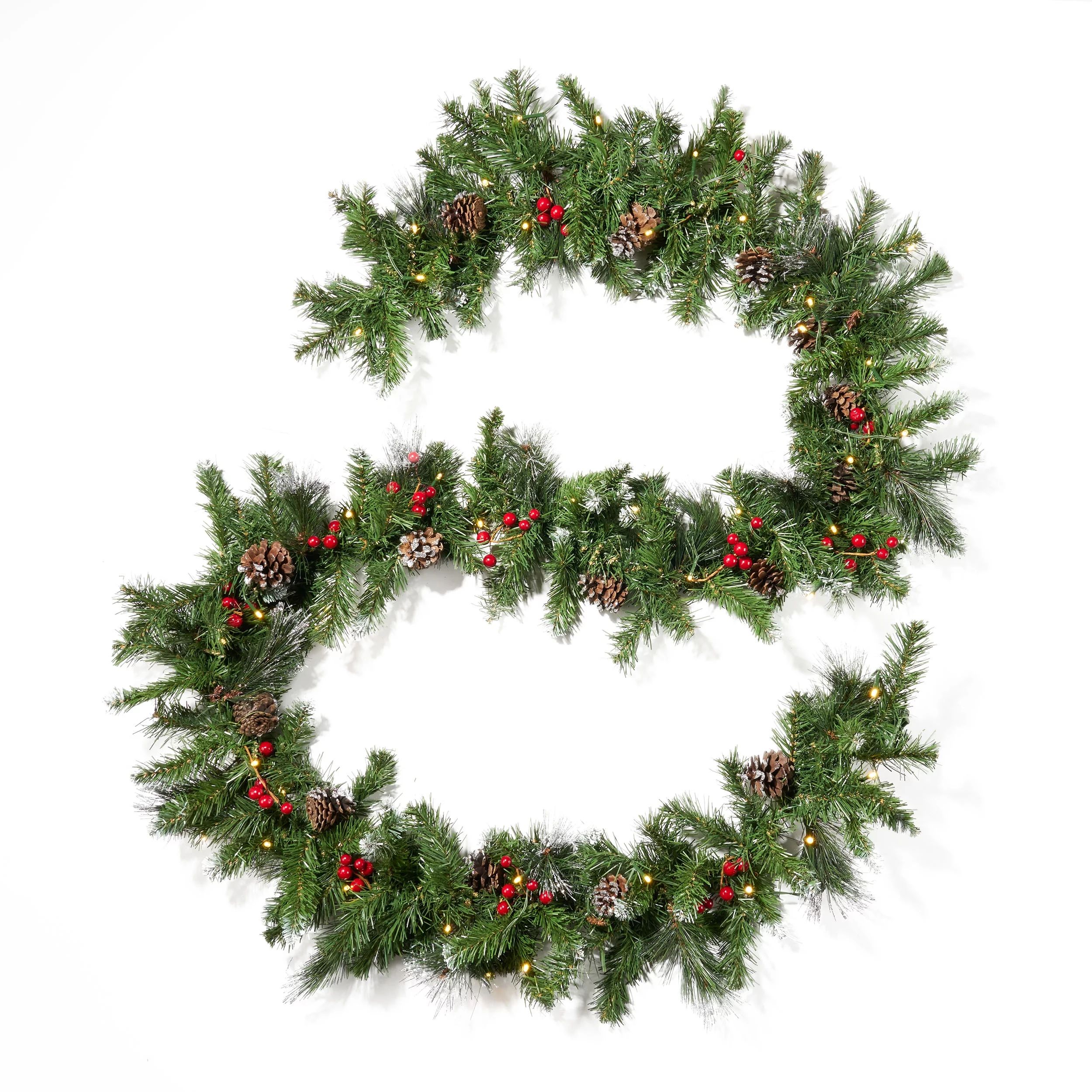 GDF Studio 9 Foot Mixed Spruce Pre Lit LED Artificial Christmas Garland with Red Berry Glitter Br... | Walmart (US)