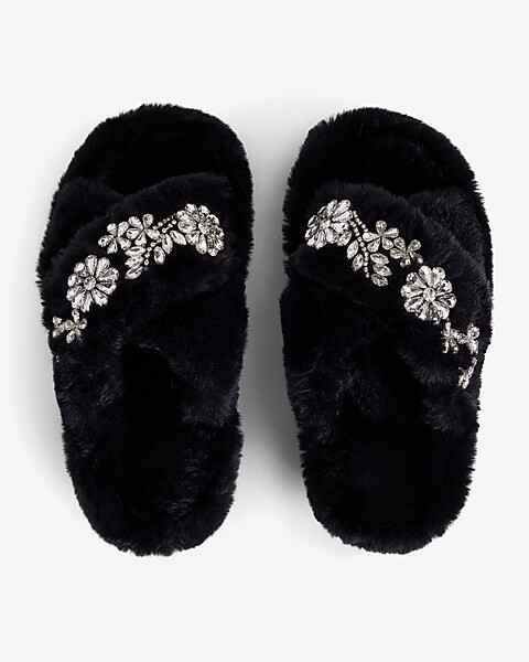 Faux Fur Rhinestone Crossover Slippers | Express