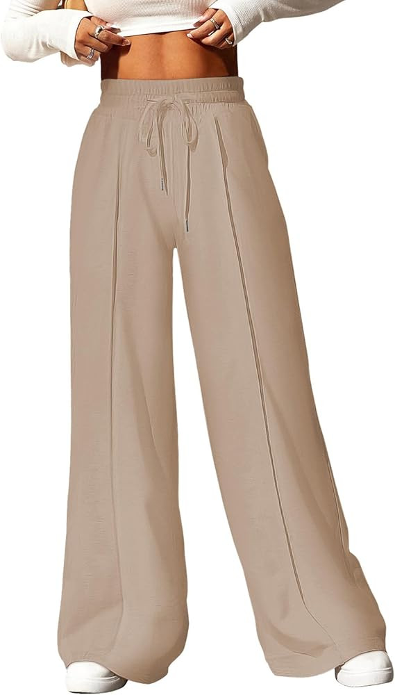 Aleumdr Women's High Waisted Drawstring Waist Wide Leg Sweatpants with Pockets Casual Loose Yoga ... | Amazon (US)
