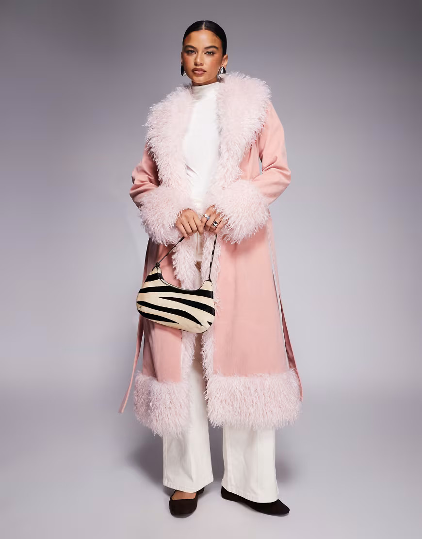 Kaiia exclusive faux fur trim penny lane maxi coat in dusky pink | ASOS (Global)