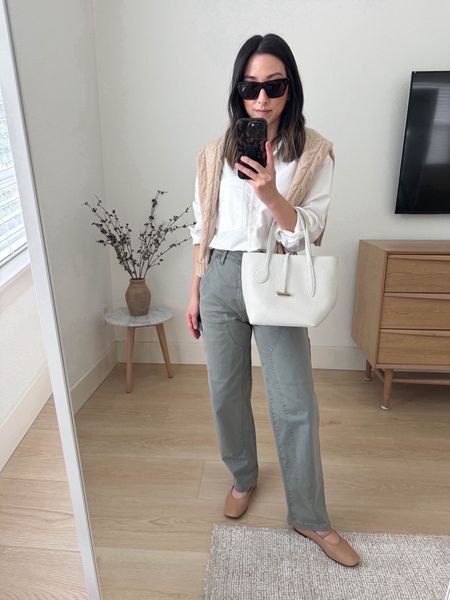 Pistola Ashton pants. These are great! Full length fits perfectly on my 5ft frame. Comfy, waist is roomy. Love the sage color. 

AYR shirt xs
Pistola pants 24
Everlane flats 5
Little Liffner bag (old)
Filoro cashmere sweater smalll old. 
Celine sunglasses  

Spring outfits, spring style, petite style, purse

#LTKshoecrush #LTKitbag #LTKSeasonal