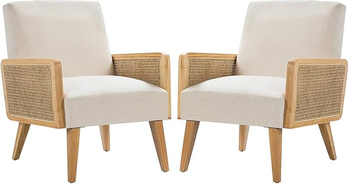 Set of 2 Smallish Accent Chair Cane Velvet Upholstery Armchair for Living Room Bedroom-Linen | Amazon (US)