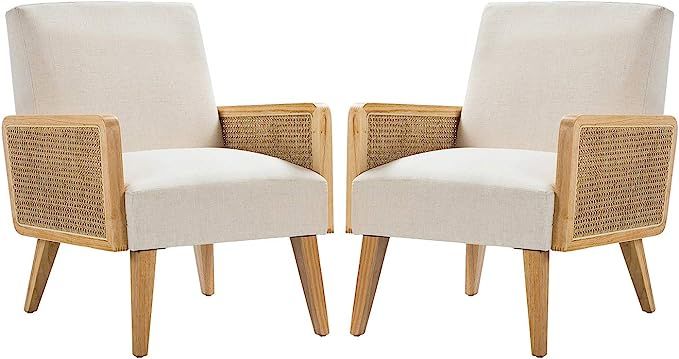 Set of 2 Smallish Accent Chair Cane Velvet Upholstery Armchair for Living Room Bedroom-Linen | Amazon (US)