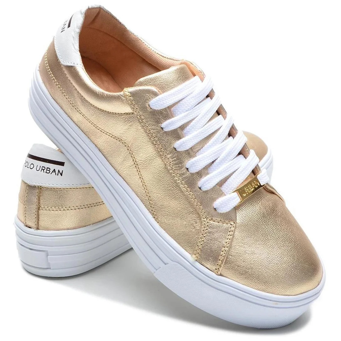 Tenis Casual Feminino Sapatenis Polo Urban Couro Legítimo Confortável - Dourado | Netshoes (BR)