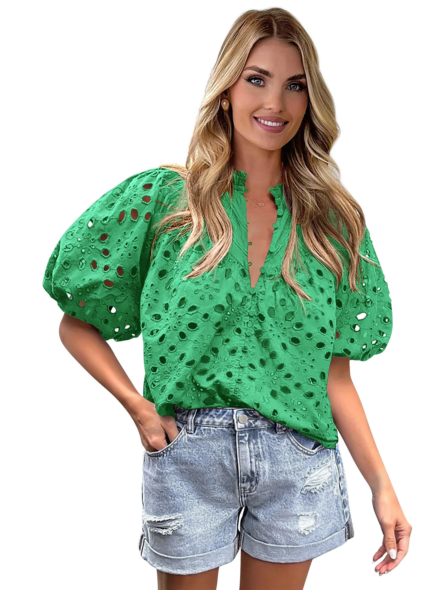 PRETTYGARDEN Women's Cotton Eyelet Blouse with Puff Sleeves, Sizes S-XXL | Walmart (US)