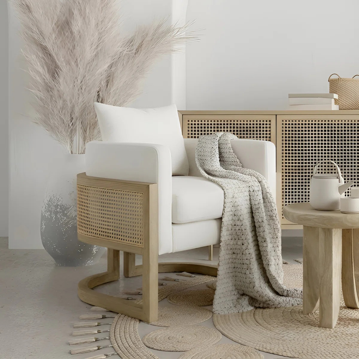 30.9" W Rattan and Wood Wide Armchair Upholstered Barrel Chair | Wayfair North America