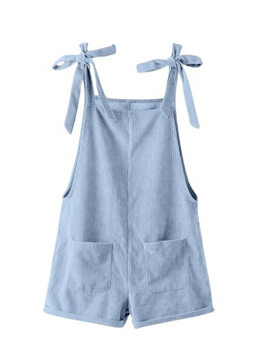 OYOANGLE Women's Strap Tie Knot Shoulder Pocket Front Romper Corduroy Overall Shorts Jumpsuit Light Blue Medium | Amazon (US)