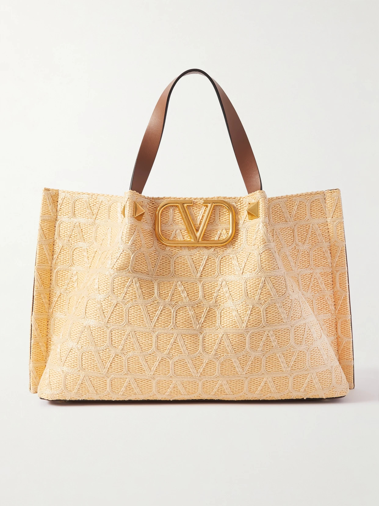 Valentino Garavani - Vlogo Medium Leather-trimmed Embroidered Raffia Tote - Neutrals | NET-A-PORTER (US)