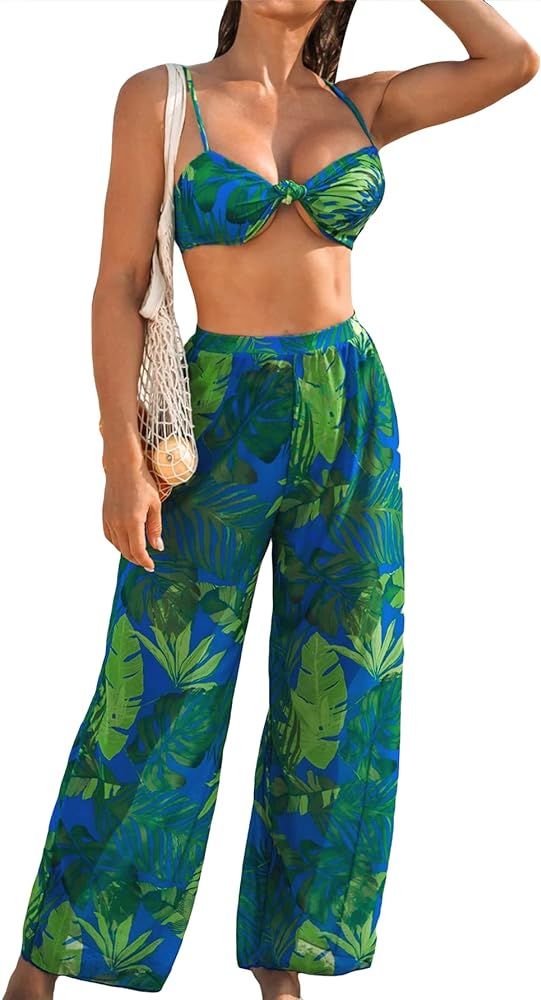 OYOANGLE Women's 3 Piece Tropical Print Knot Front High Cut Bikini Swimsuit with Cover Up | Amazon (US)