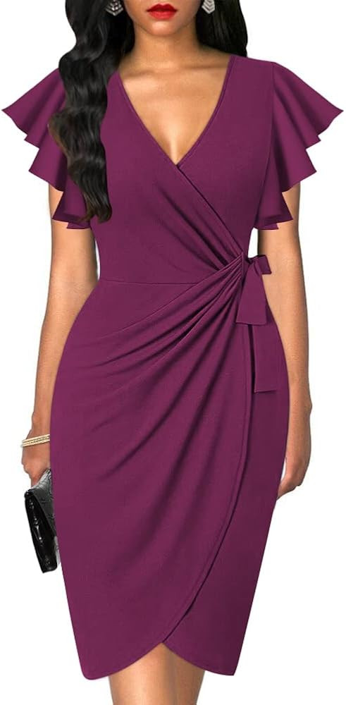 oten Womens Deep V Neck Ruffle Sleeve Sheath Casual Cocktail Party Work Faux Wrap Dress | Amazon (US)