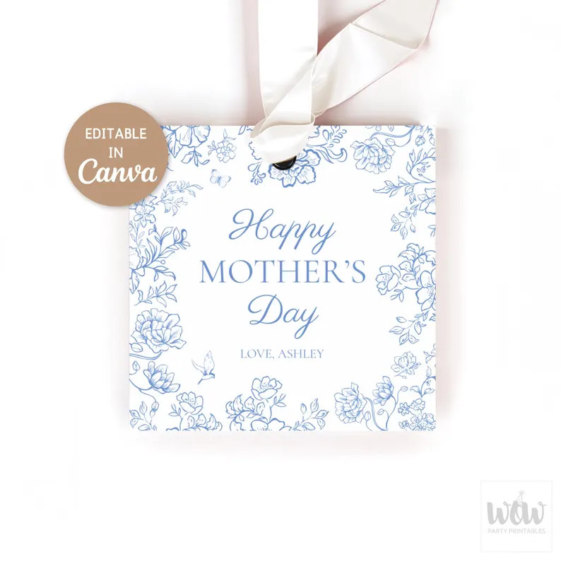 Mother's Day Gift Tags, Editable Canva Template, Blue Toile Floral, Mother's Day Cookies Tags, Sq... | Etsy (US)