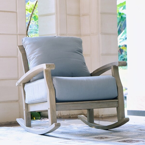 Leon Teak Patio Rocking Chair with Cushion by Havenside Home - Weathered Teak/Blue Spruce Cushion | Bed Bath & Beyond