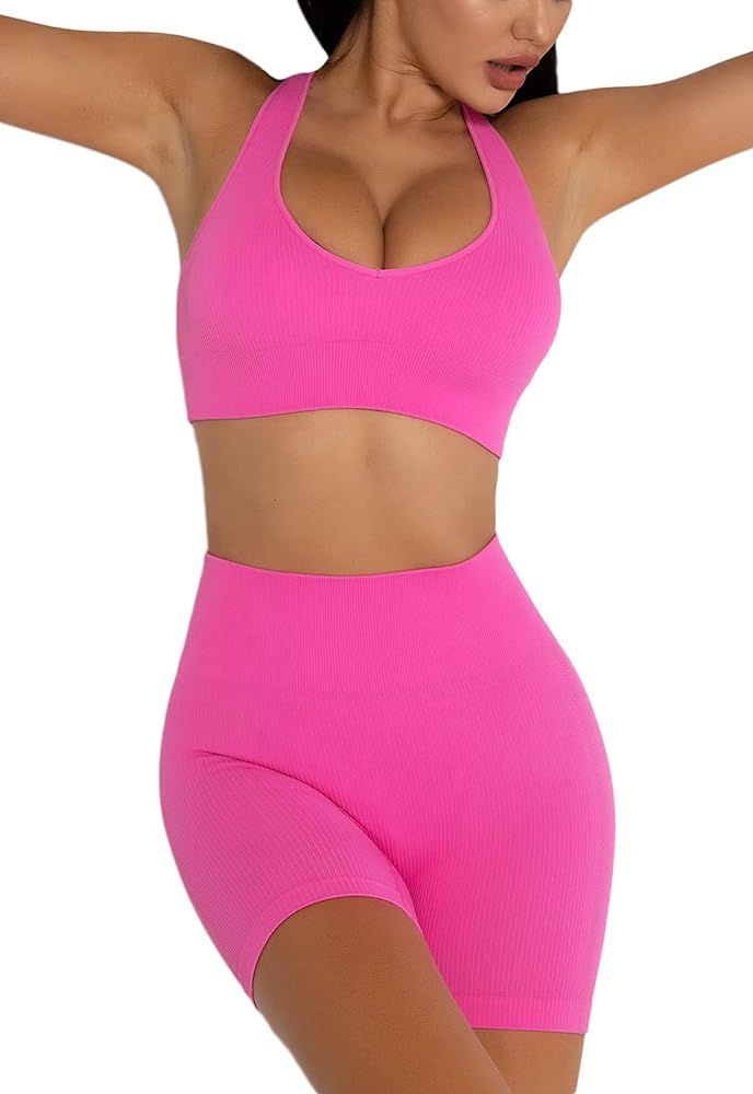 DADAB Workout Sets Two Piece Outfits for Women Clothes Gym Yoga Seamless Racerback Sports Bra Tank T | Amazon (US)