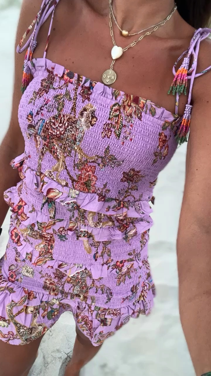 lilac floral monkey smocked mini dress Lilac Floral Mini Dress - Smocked Mini Dress - Tie-Back Dress