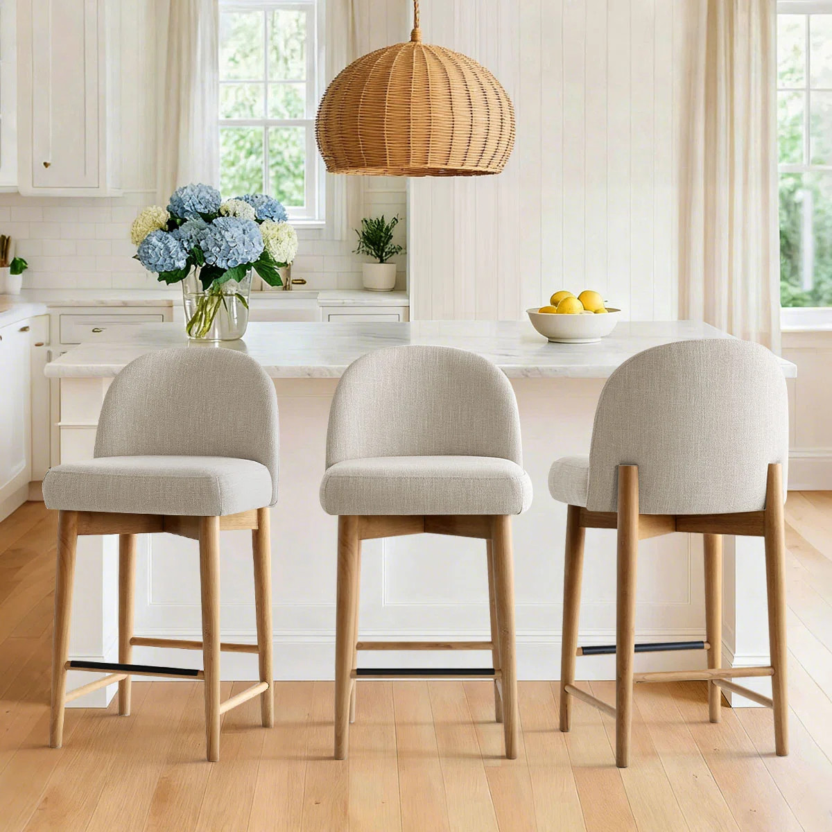 25.5'' Linen Counter Stools with Solid Wood Legs (Set of 3) | Wayfair North America