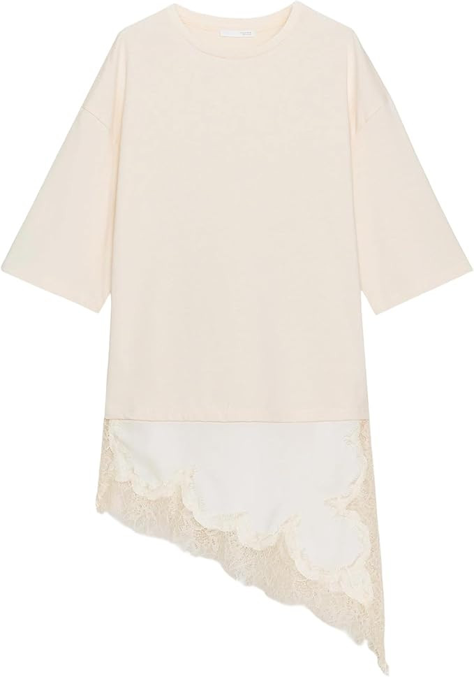 Colorful world Combination Lace T-Shirt for Women Oversized Tshirts Crewneck Short Sleeves Tees T... | Amazon (US)