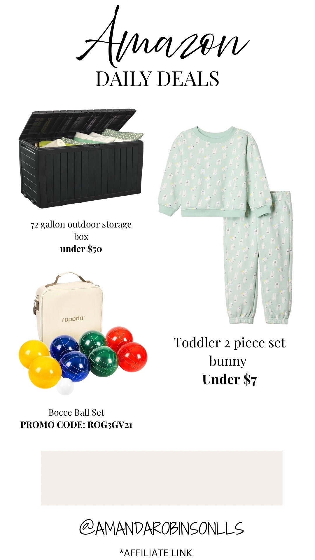 Amazon daily deals
Outdoor storage box
Toddler bunny 2 piece set
Bocce ball set

#LTKKids #LTKSaleAlert #LTKBaby