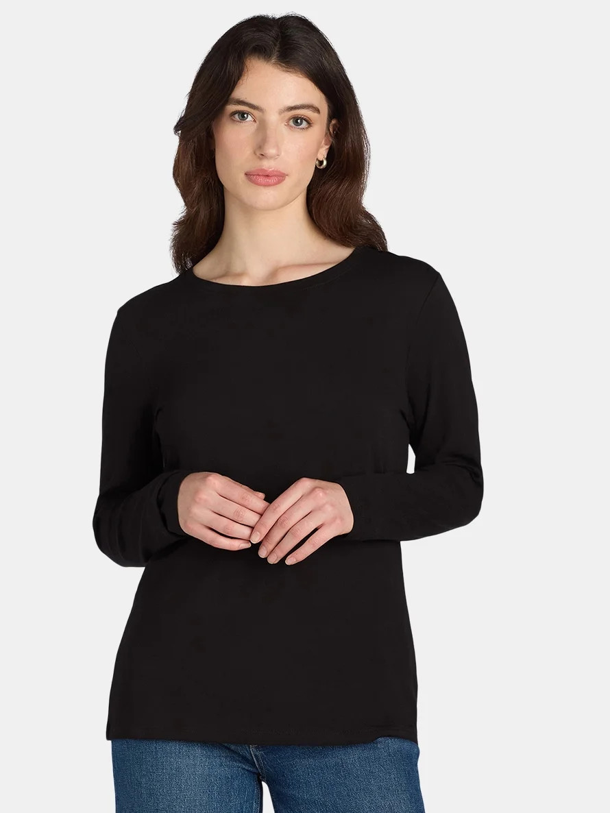 Time and Tru Women's Cotton Crewneck Tee with Long Sleeves, Single and 3 Pack, Sizes XS-XXXL | Walmart (US)