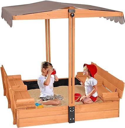 Wooden Cedar Sand Box w Seat, Large Sandbox for Backyard Outdoor Kids Sandpit with Bottom Liner-A... | Amazon (US)