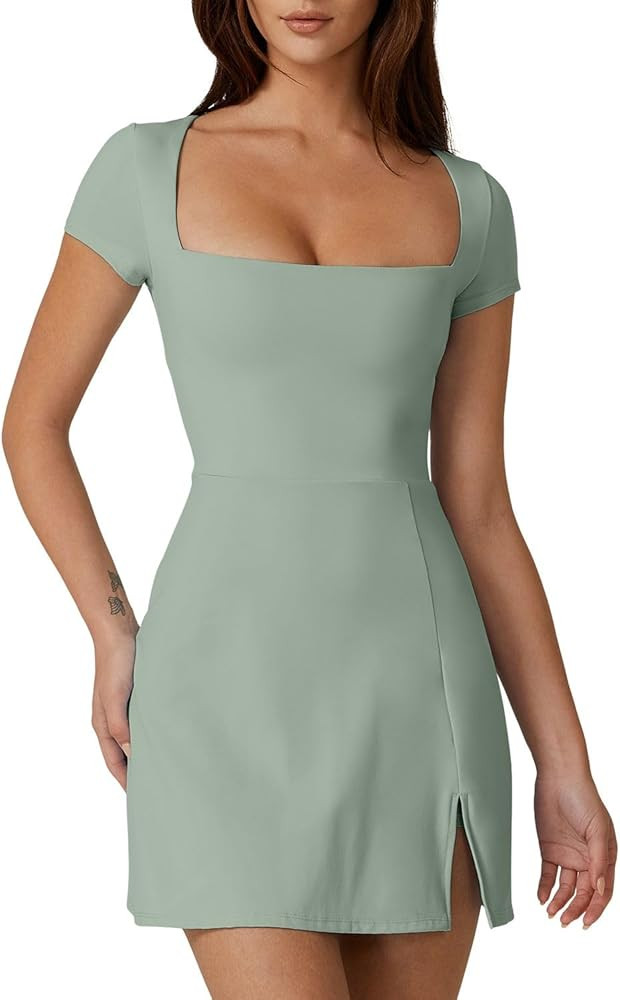 QINSEN Womens Square Neck Tennis Dress Short Sleeve Built in Shorts Golf Athletic Dress with Pock... | Amazon (US)