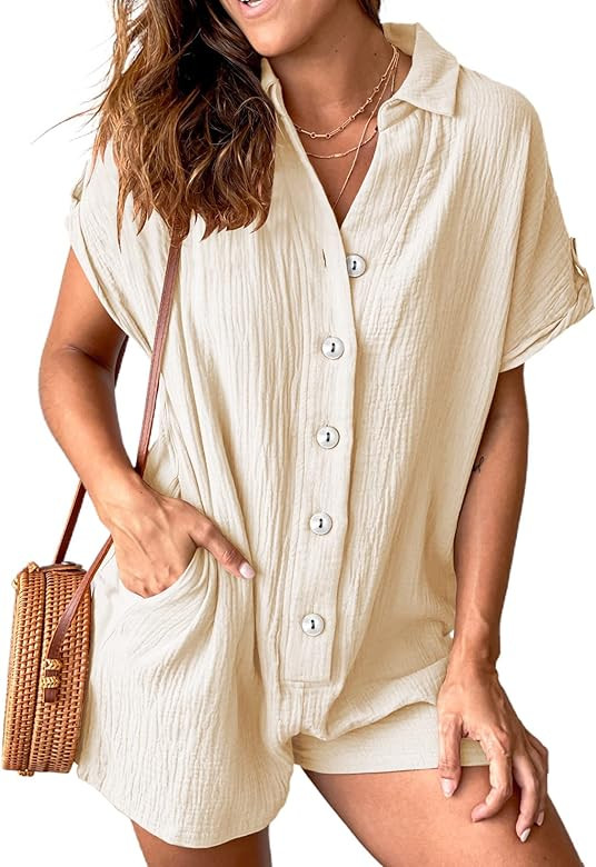 BLENCOT Women's Summer Button Down Jumpsuit Casual V Neck Short Sleeve Romper with Pockets | Amazon (US)