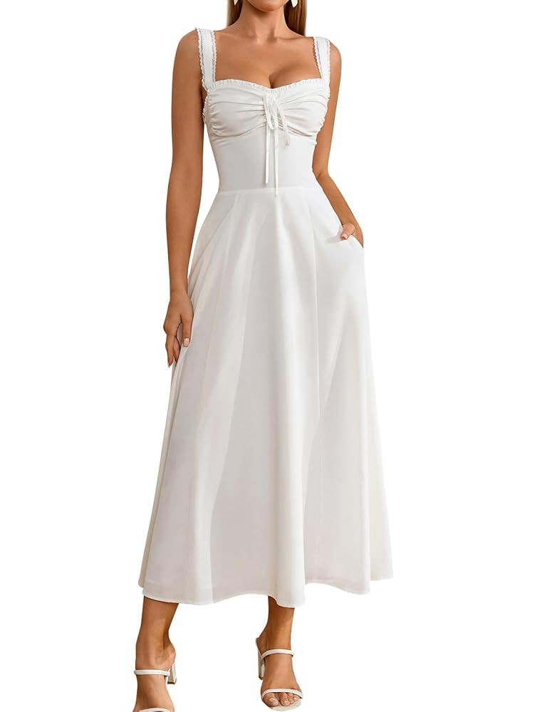 KUTUMAI Floral Corset Midi Dresses for Women 2025 Lace Up Flowy Summer Wedding Guest Dress with P... | Amazon (US)
