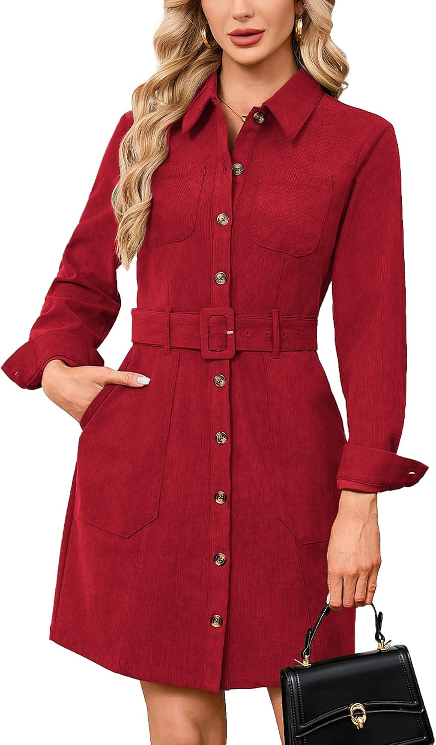 YEXPINE Women's Corduroy Mini Dress Belted Button Down Shirt Dress | Amazon (US)