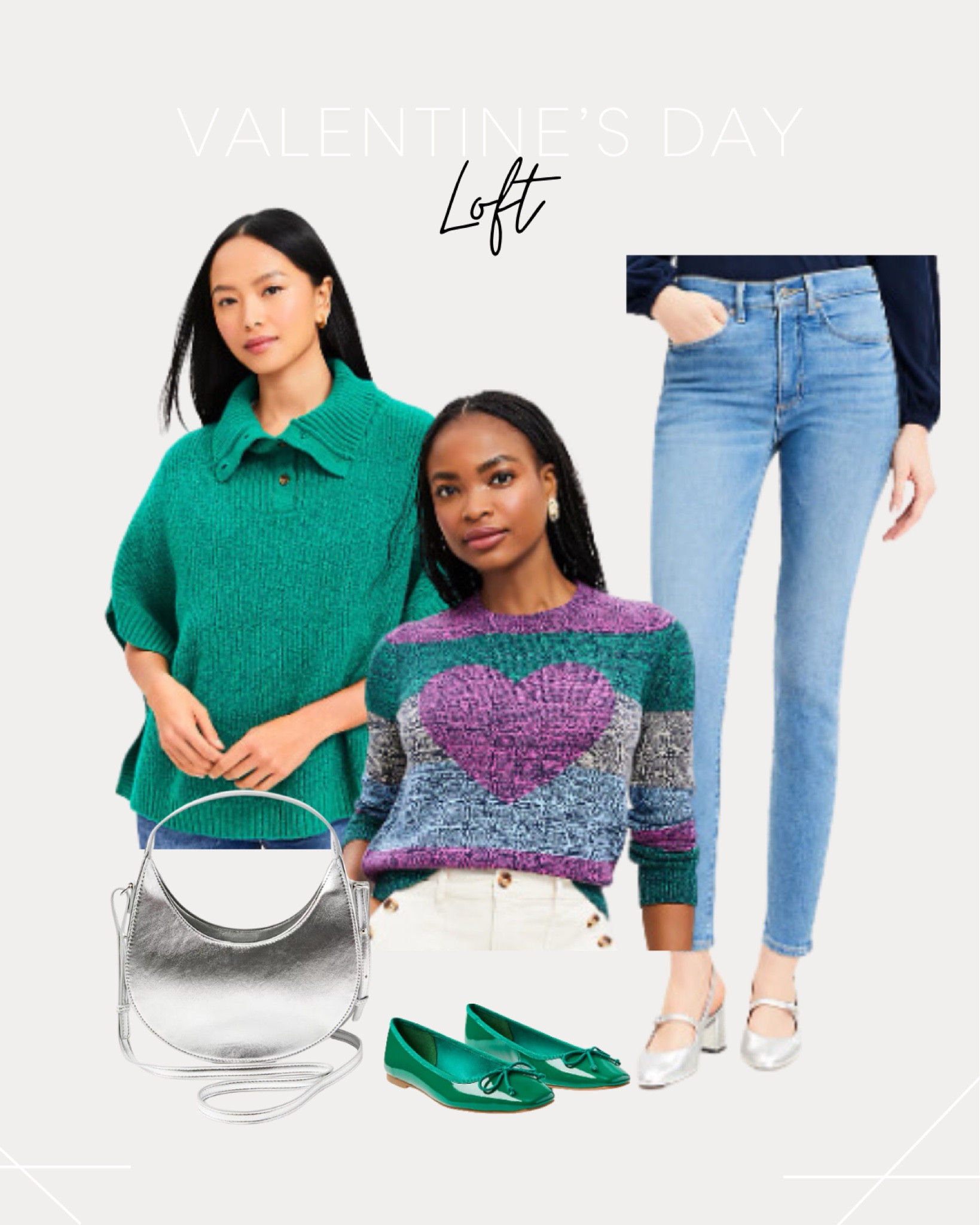 Loft - Valentine’s Day outfit 

Green sweater, heart sweater, silver bag, silver heels

#LTKstyletip #LTKfindsunder50 #LTKshoecrush