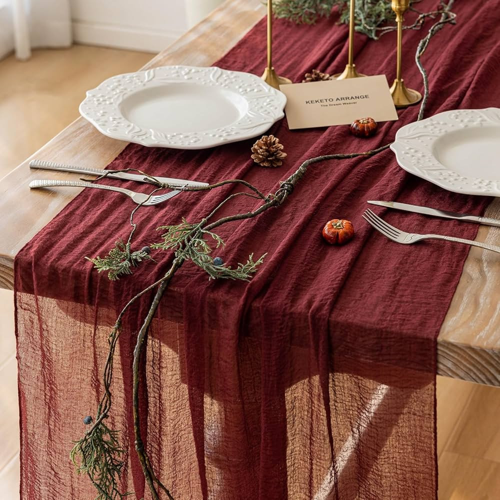 Keketo Christmas Burgundy Cheesecloth Table Runner Gauze 120 Inch 10 FT Rustic Boho Cheese Cloth ... | Amazon (US)