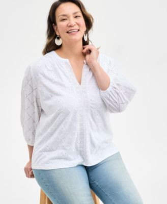 Style & Co Plus Size Solid Split-Neck Eyelet Top, Macy's Exclusive - Macy's | Macy's