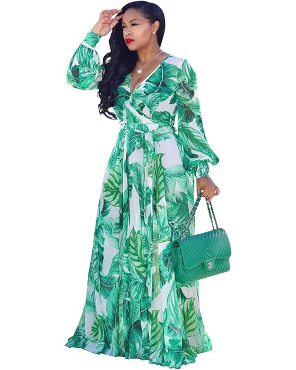 Nuofengkudu Womens Chiffon Deep V-Neck Stripe Printed Maxi Dress Unique Loose Summer Boho Dresses... | Amazon (US)