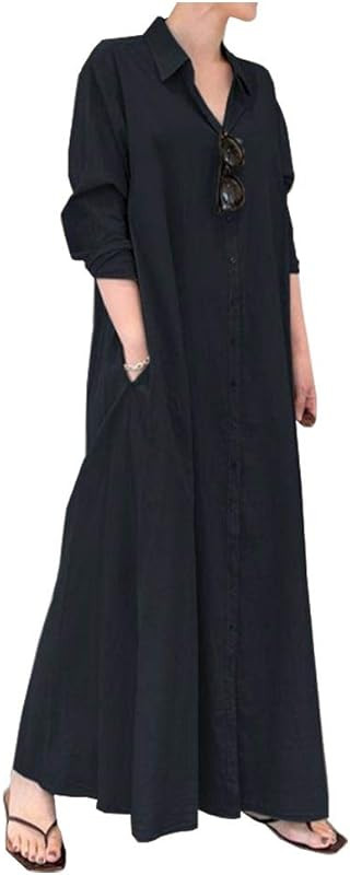 Ladyful Women's Casual Button Down Cotton Linen Long Shirt Dress | Amazon (US)