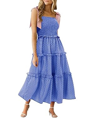 Wenrine Womens Summer Floral Maxi Dress Smocked Tie Shoulder Boho Sleeveless Ruffle Tiered Casual... | Amazon (US)