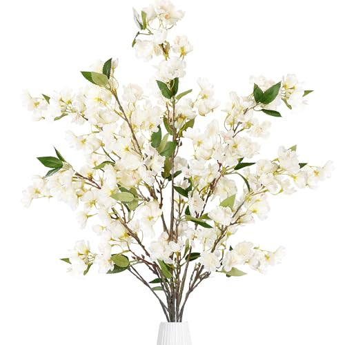 Sggvecsy Artificial Cherry Blossom Flowers 3 Pcs Faux Cherry Blossom Stems Faux Silk Cherry Blossom Branches 35.4’’ Fake Flowers Long Stems for Vase Arrangements Home Wedding Table Decor (White) | Amazon (US)