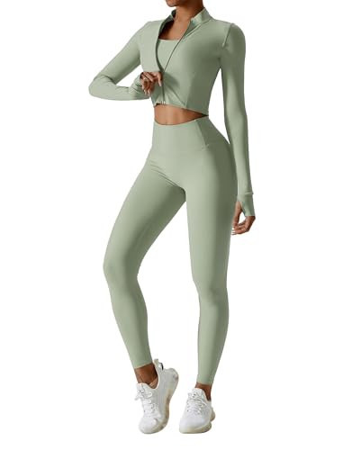 AGYMNX Workout Sets for Women 3 Piece High Waisted Seamless Leggings Crop Top Jacket Gym Yoga Outfit Stretchy Sports Bra Sets Green XL | Amazon (US)