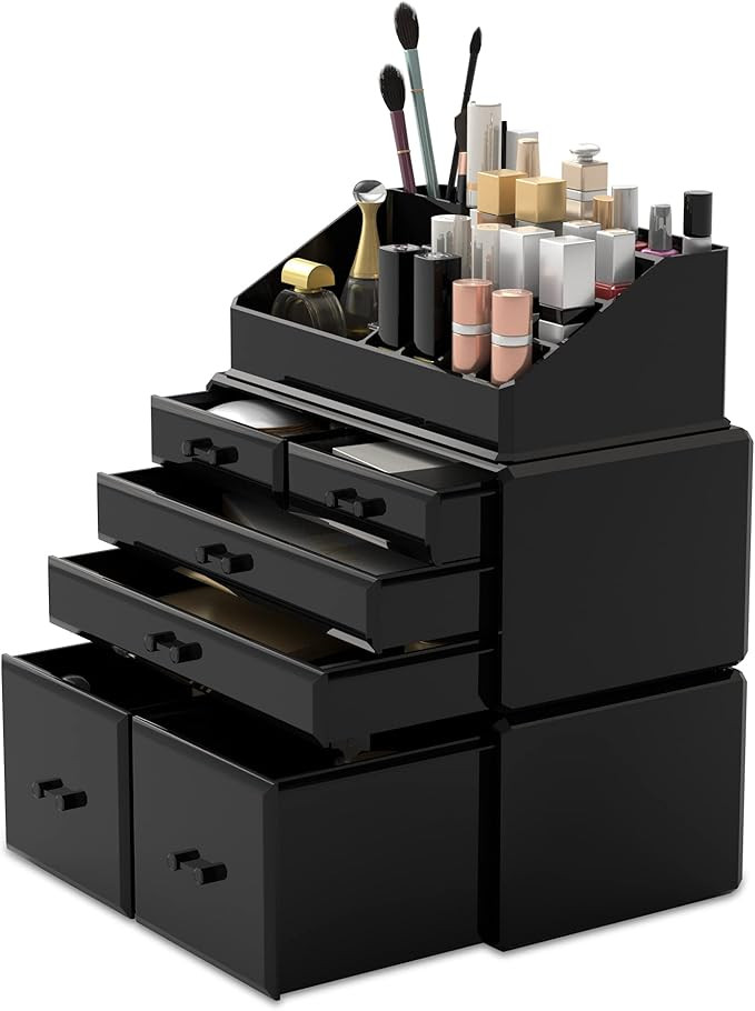READAEER Makeup Organizer 3 Pieces Cosmetic Storage Case with 6 Drawers (Black) | Amazon (US)