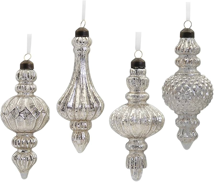 Glass Christmas Ball Ornaments Mercury Glass Drop Finial Ornaments Tree Decoration Silver(4 Piece... | Amazon (US)