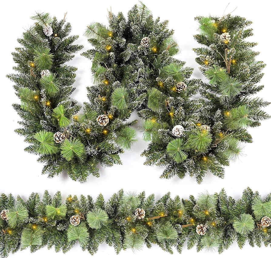 Christmas Garland Prelit 9 Ft with 50 Led Lights, Pine Cone and Snow Style Xmas Garland, Battery ... | Amazon (US)