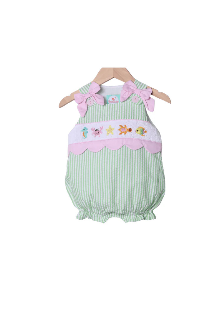 Smocked Sea Creatures Green Seersucker Bubble | The Smocked Flamingo