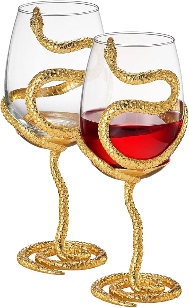 Stemmed Snake Wine Glasses, Set of 2 Glass, 19oz 10 Inch Tall Gothic Reptile Goblet - Gold Hallow... | Amazon (US)
