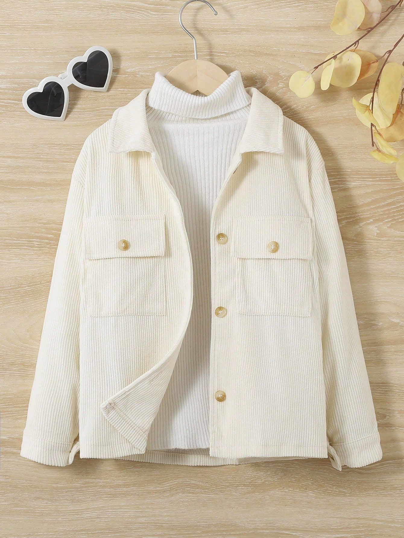Young Girl Flap Pocket Drop Shoulder Corduroy Coat Without Sweater | SHEIN