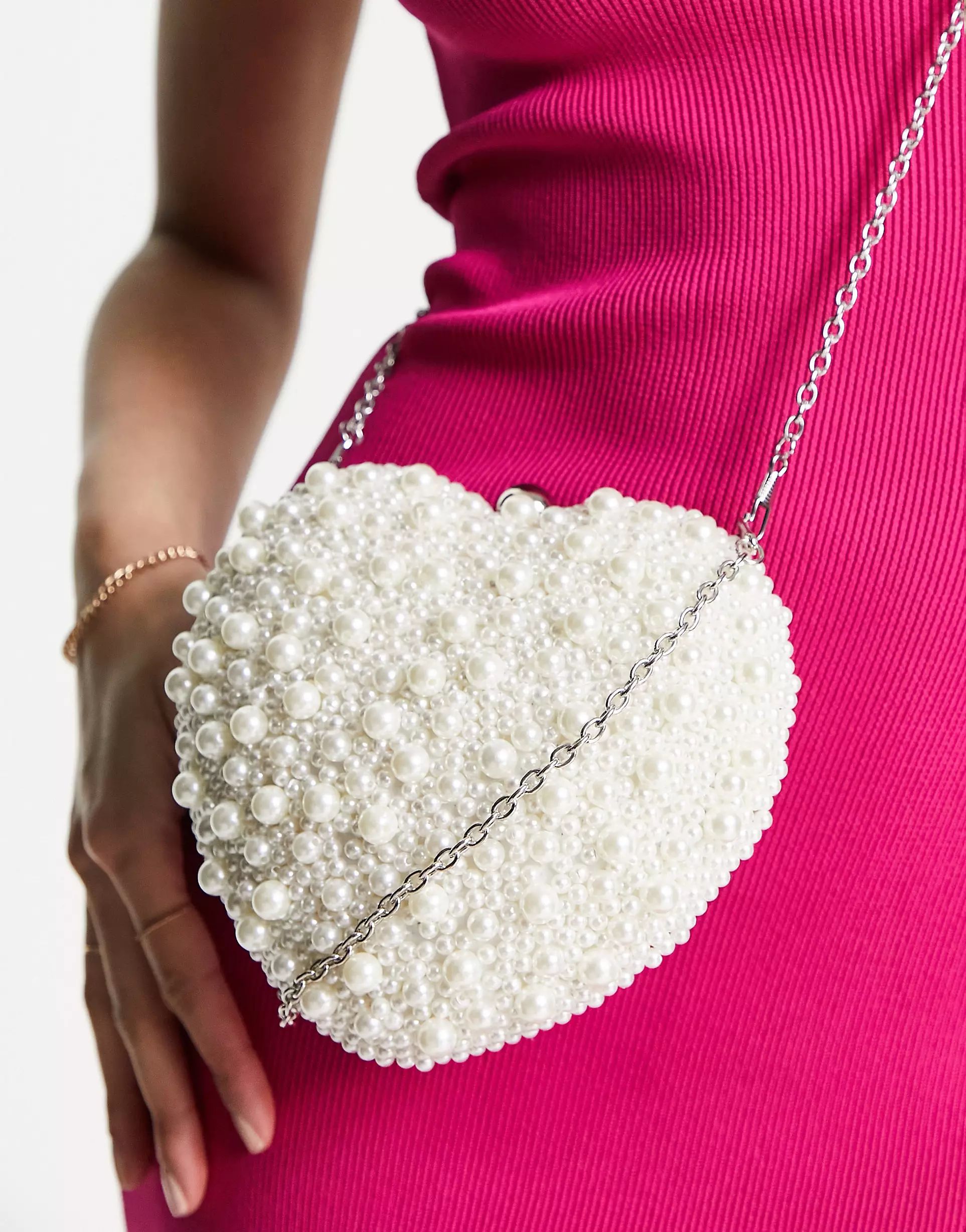 ASOS DESIGN pearl bead heart clutch bag in satin in white | ASOS (Global)