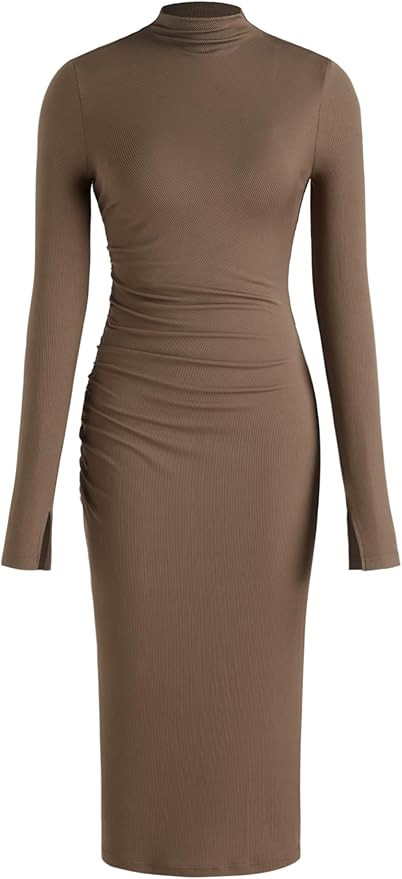 CIDER Long Sleeve Dress for Women High Neck Ribbed Knit Bodycon Ruched Midi Dress Cocktail Party ... | Amazon (US)