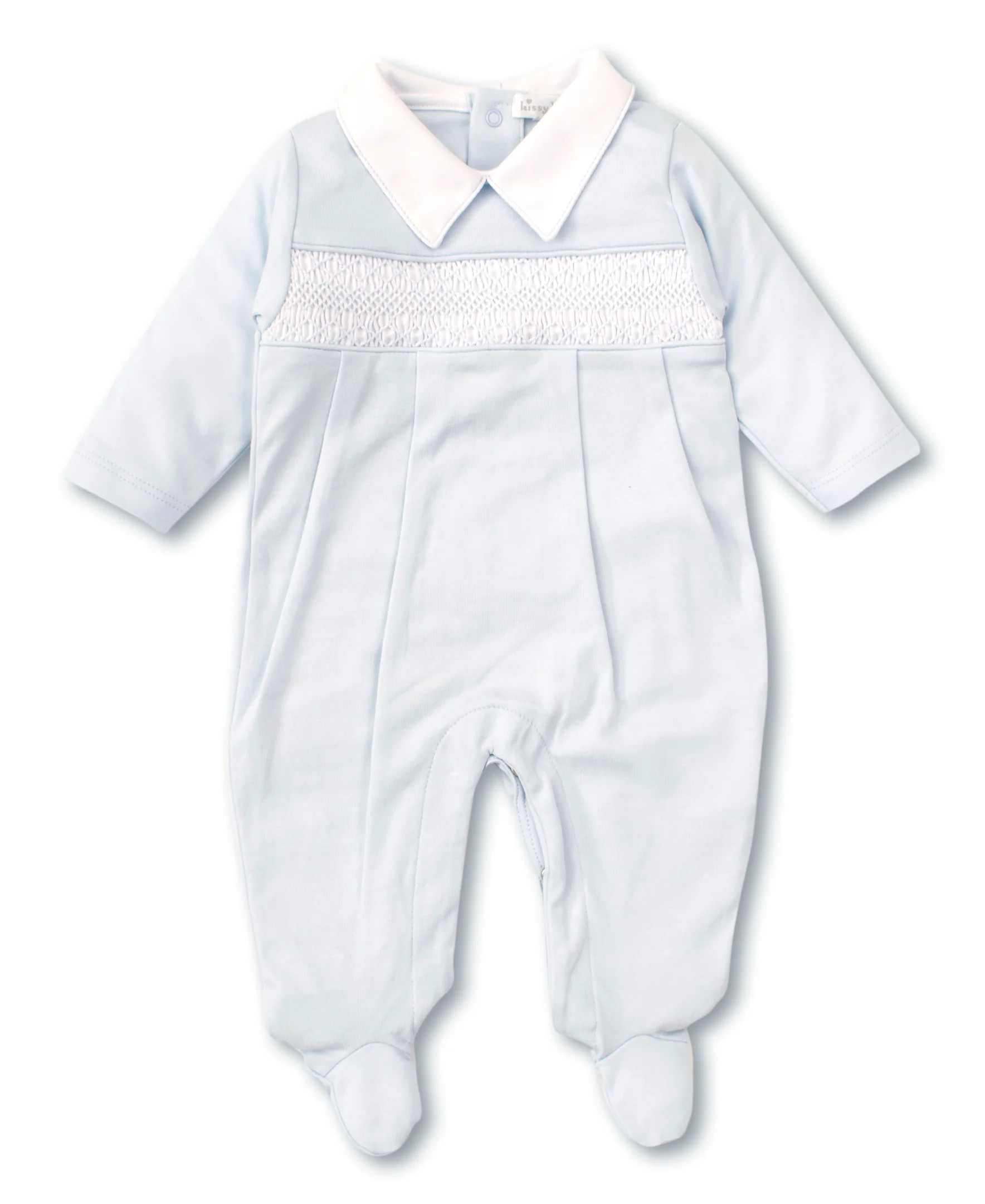 Hand Smocked CLB Charmed Blue Footie with Collar | Kissy Kissy